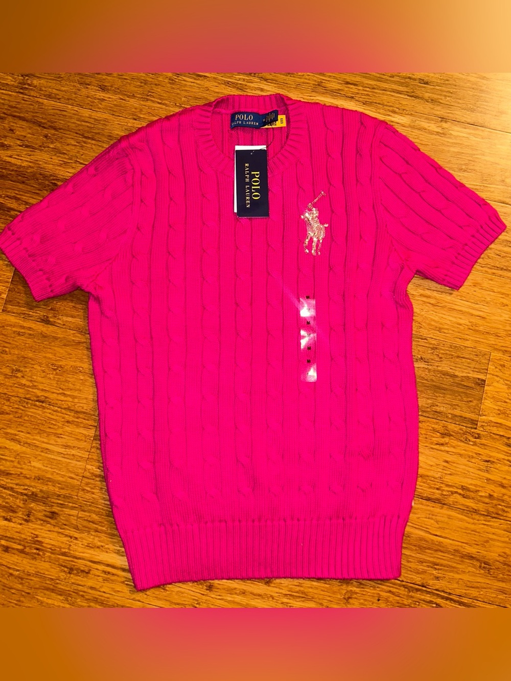 Polo Ralph Lauren Short Sleeve Cable Knit Sweater Beaded Big Pony Logo Pink